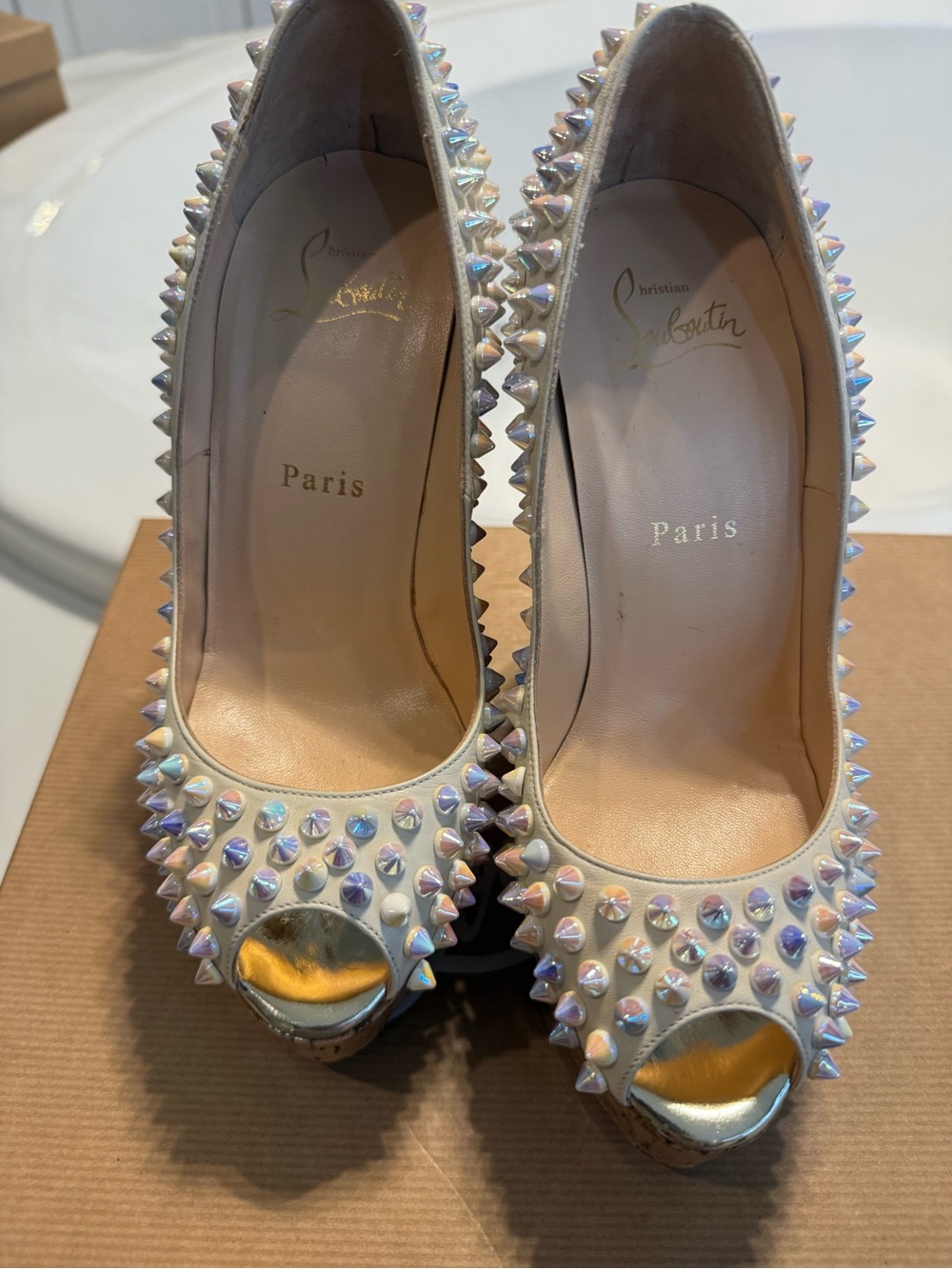 Christian Louboutin Iridescent Ivory Spike Peep-Toe Pumps